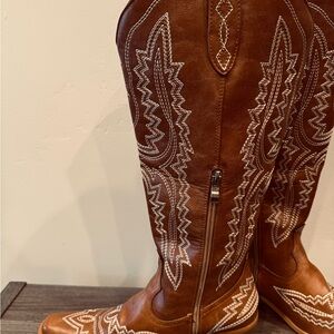 Brown Embroidered Heeled Boots